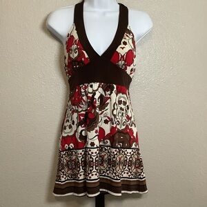 Vintage Y2K Brown Bohemian Hippie Artsy Earthy Boho Babydoll Halter Top L